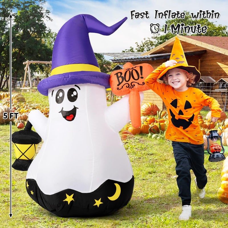 GOOSH 5 FT Halloween Inflatables Ghost Outdoor Decorations Blow Up Yard Cute Wizard Ghost with Hand-Held Light with Built-in LEDs for Garden Lawn Indoor Party Decor - Image 5